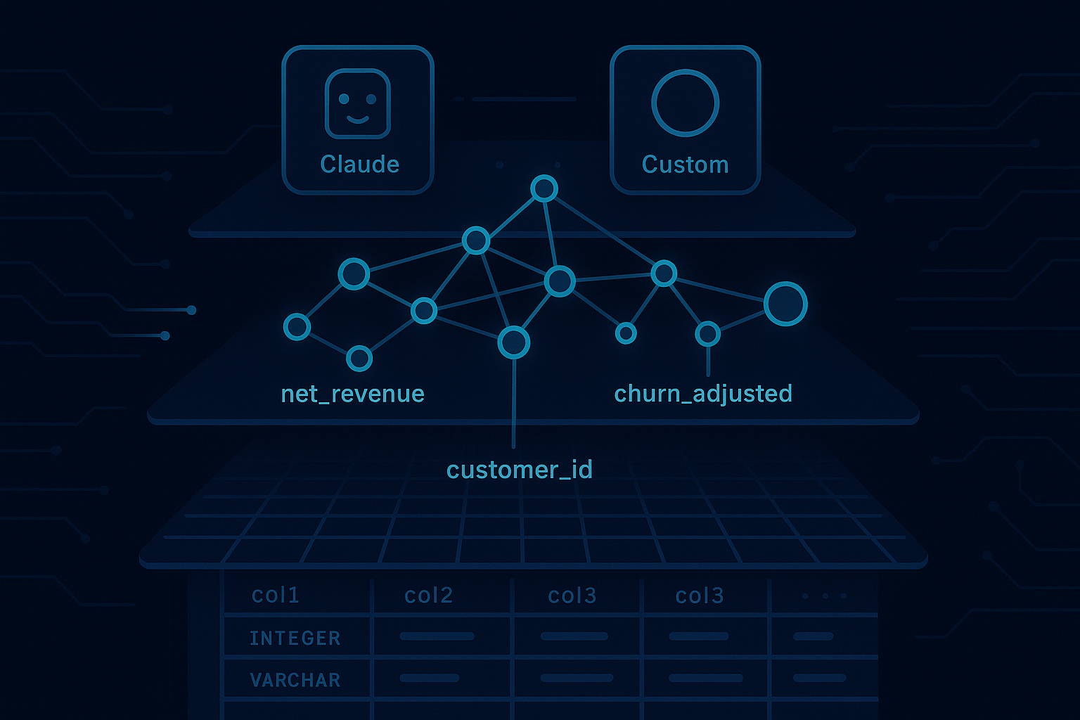 Diagram showing autonomous semantic modeling pipeline building a context layer for AI agents from query logs and documents